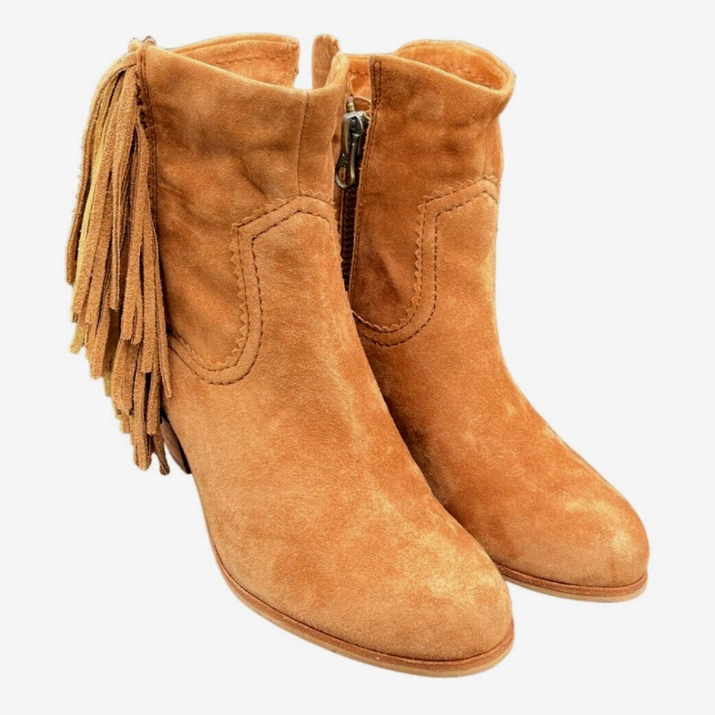 Sam Edelman | Saddle Louie Fringe Heeled Ankle Boots Bootie Size 8.5m